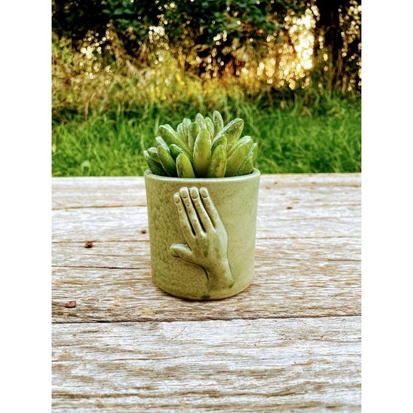 Vintage Green Art Pottery Vase/Cup Waving Hand - Picture 1 of 12